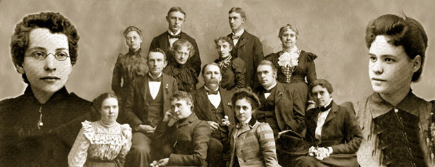 Faculty of Liberal University of Oregon, ca 1899, flanked by Katie Kehm Smith, (left) and Nettie Olds, (right).